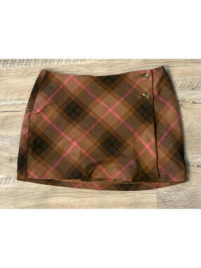 Aeropostale Women's Size Medium Mini Button Wrap Skirt Pink Brown Plaid